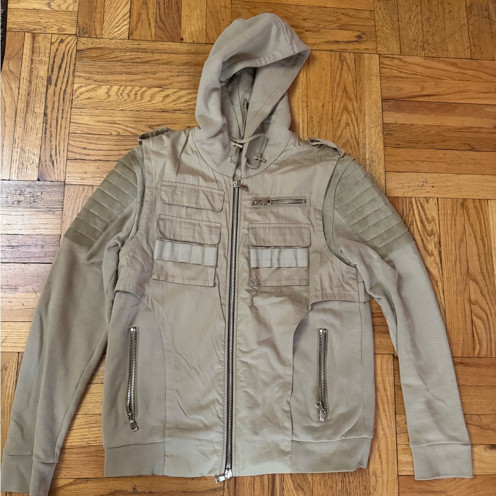 Balmain Beige Military-Style Hooded Jacket